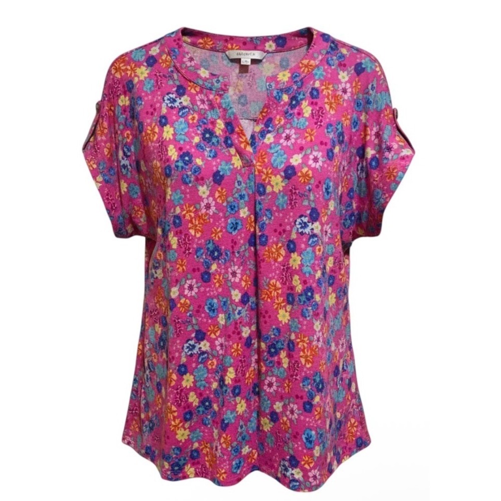 Pink Womens Dear Scarlett Floral Split Neck Tab Sleeve Blouse 3x